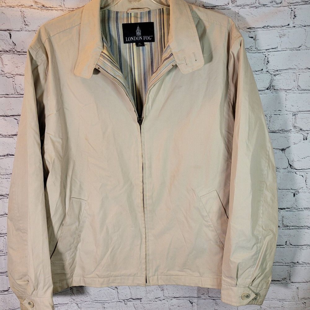 London Fog Harrington Jacket‎ Mens XL Beige Tan Fair Striped Lining Full Zip